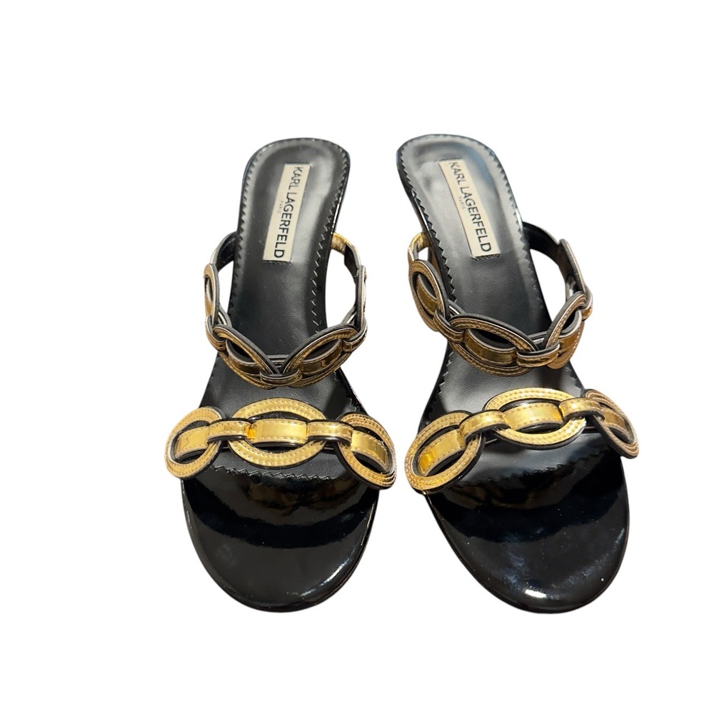 NWT Karl Lagerfeld Paris Black Gold Chain Open Toe Stiletto Heels Size 9.5B - Picture 4 of 8